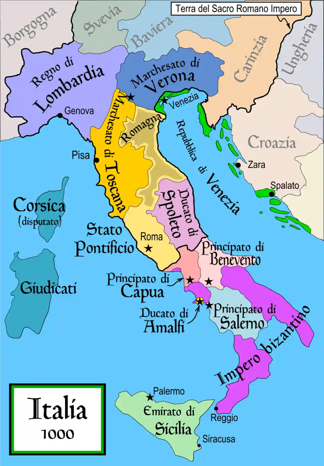 Italia con le regioni intorno all'anno 1000
