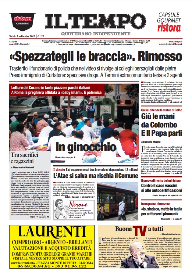 2017.09.02 Il Tempo articolo Colombo Ruggero Marino prima pagina 1