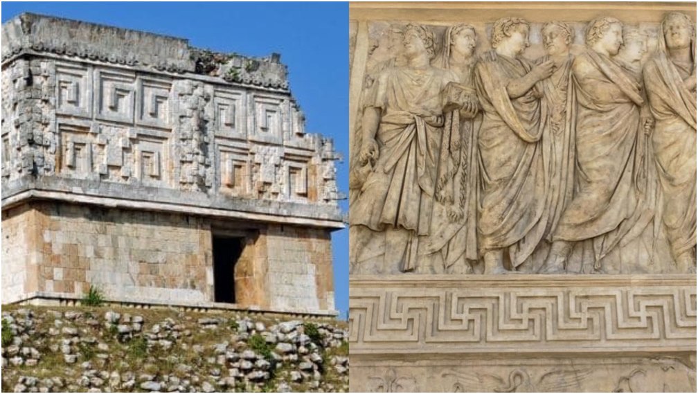 Collage of Uxmal Royal Entrance Mexico and Ara Paxis Rome