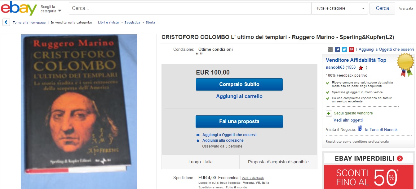 Cristoforo Colombo L ultimo dei templari eBay 100 euro