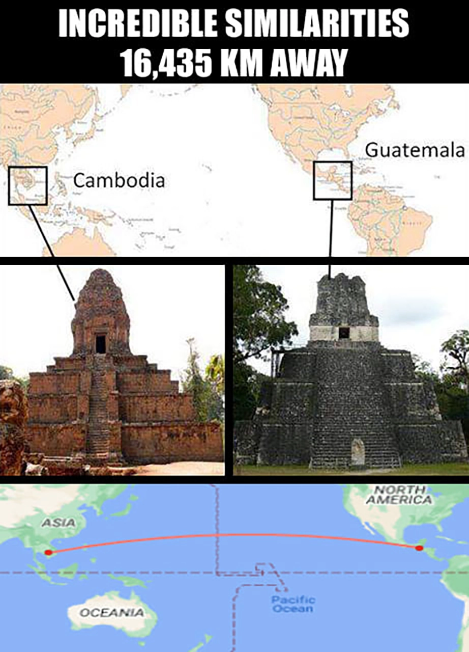 Khmer temple of Baksei Chamkrong Cambodia and Ancient Maya temple of Tikal Pyramid Guatemala