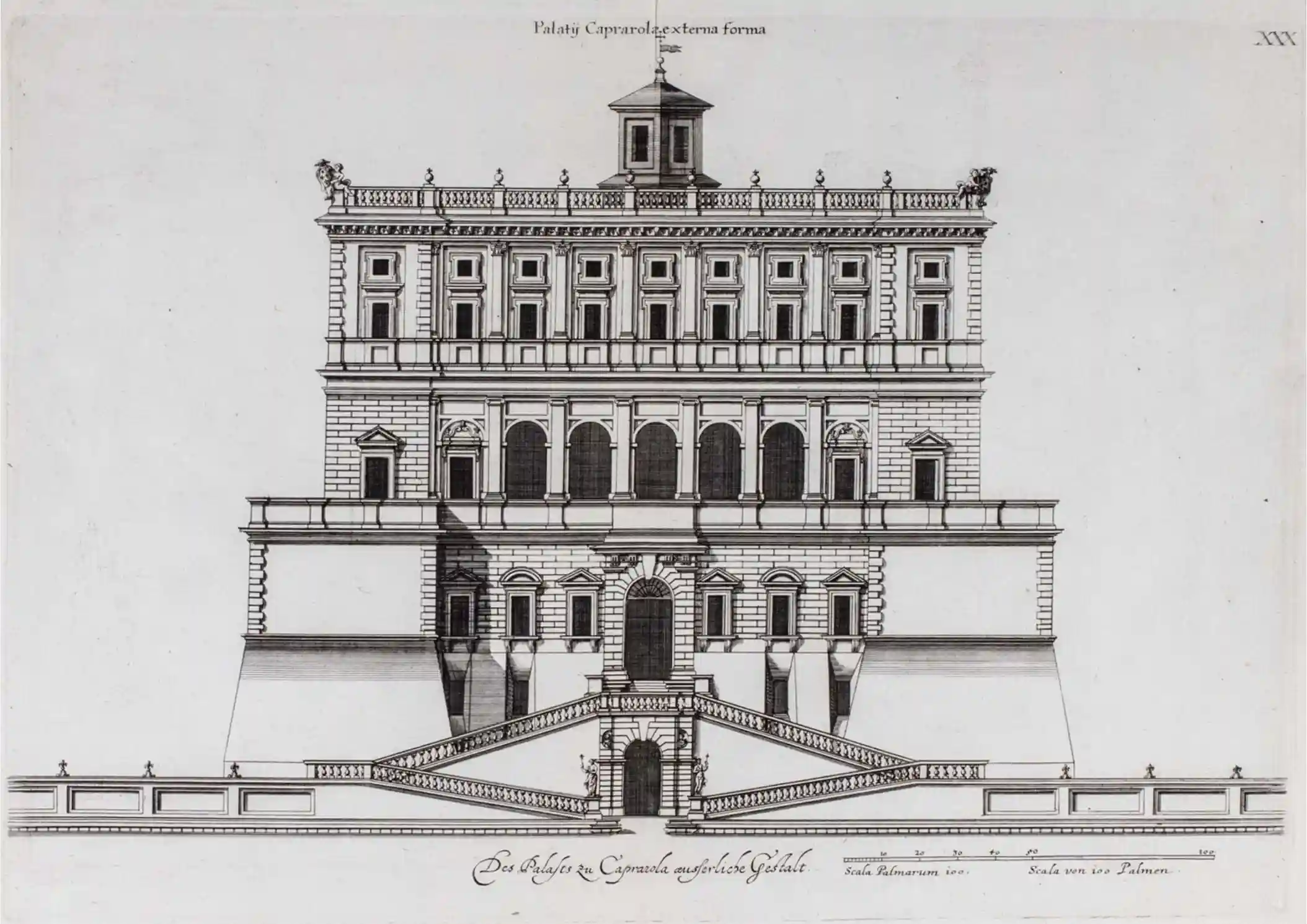 Palazzo Farnese Caprarola rappresentazione prospetto principale Joachim Von Sandrart Norimberga 1684
