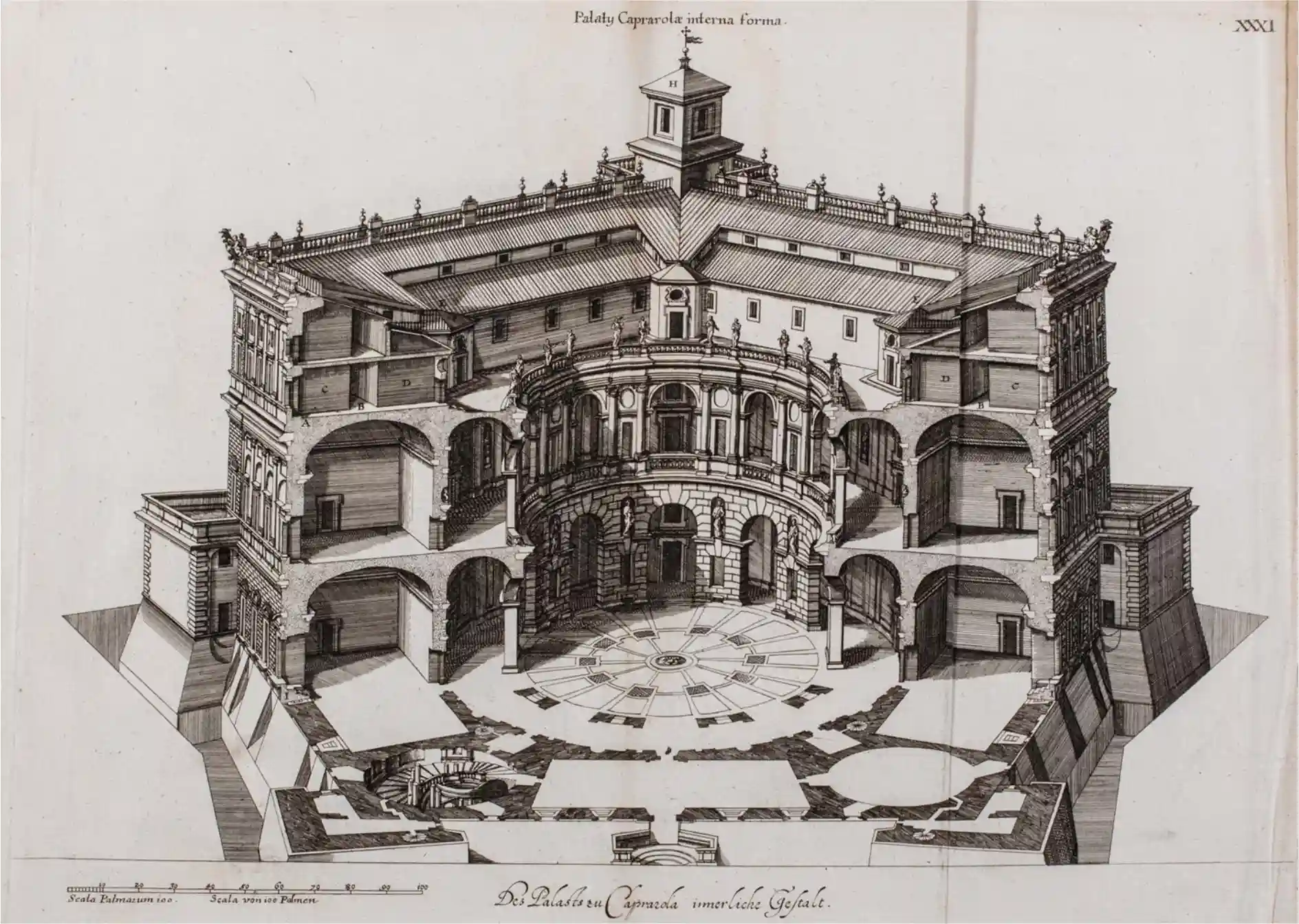 Palazzo Farnese Caprarola rappresentazione sezione palazzo Joachim Von Sandrart Norimberga 1684