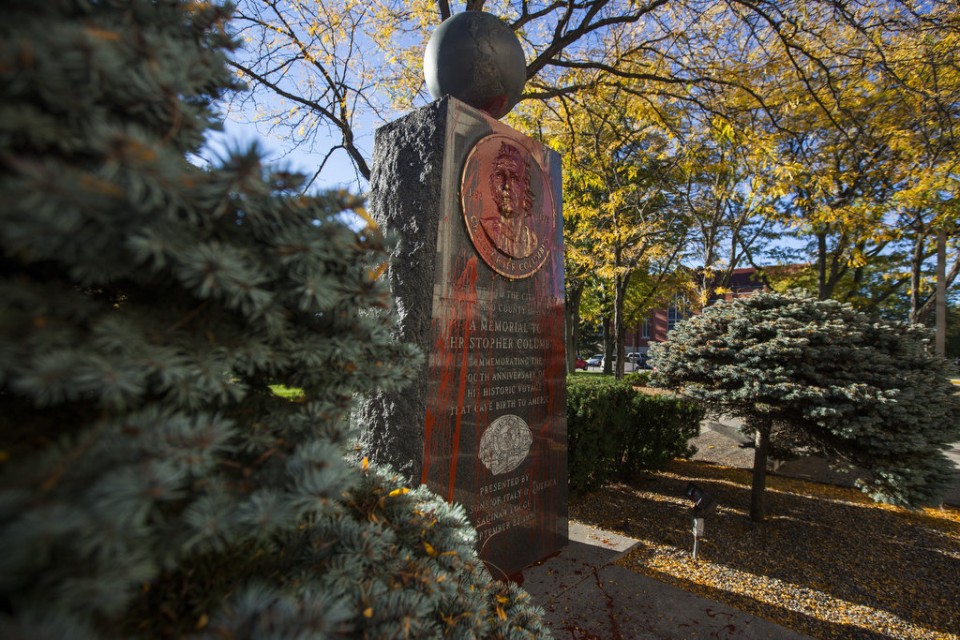 CHRISTOPHER COLUMBUS MEMORIAL IN SAGINAW VANDALIZED WITH RED PAINT