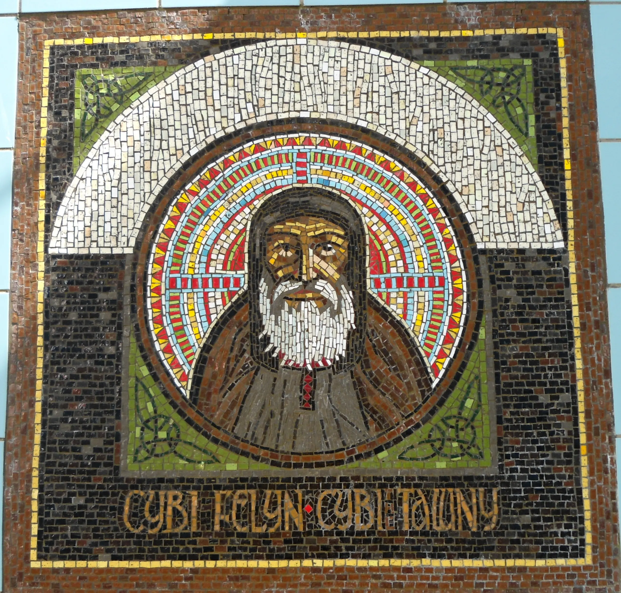 Saint Cybi mural in Holyhead Anglesey by artist Gary Drostle
