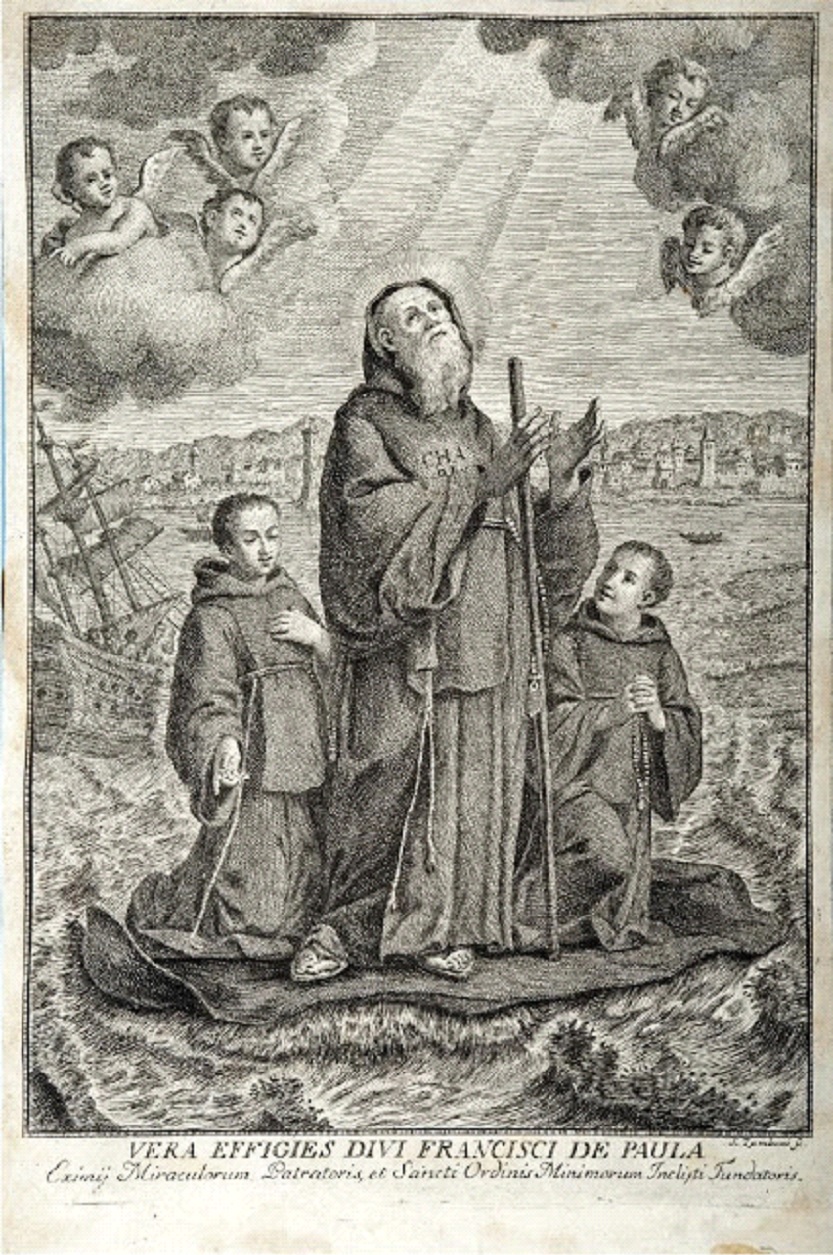Sebastiano Zamboni S Francesco di Paola attraversa lo stretto di Messina sul suo mantello 1750 74
