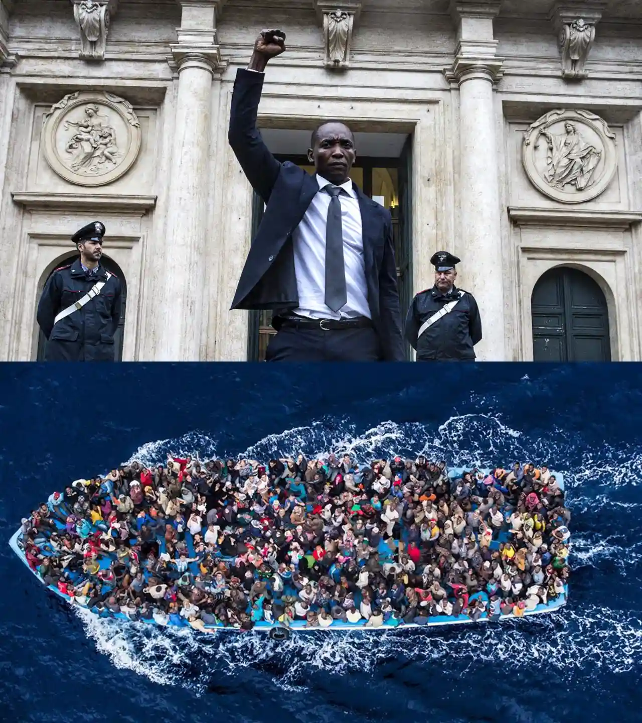 Aboubakar Soumahoro pugno mano destra alzato e barca migranti