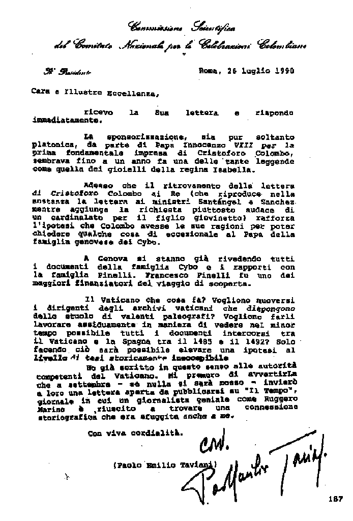 lettera di Taviani al Vaticano 26.07.1990
