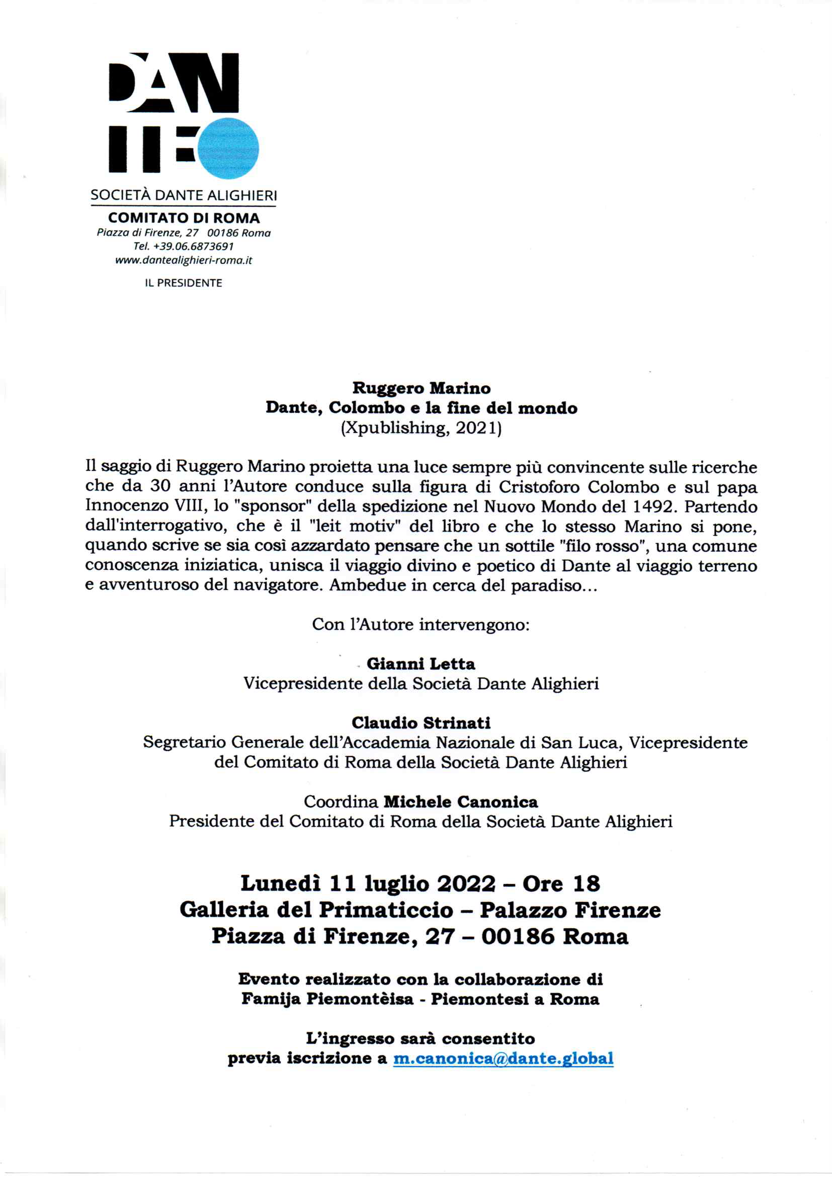 PRESENTAZIONE DEL LIBRO "DANTE, COLOMBO E LA FINE DEL MONDO" A PALAZZO FIRENZE IN ROMA 11 LUGLIO 2022