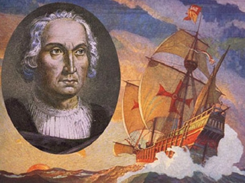 ritratto Cristoforo Colombo con una caravella crociata